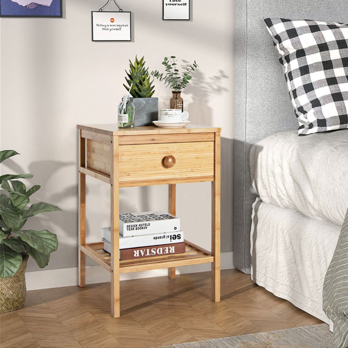 Bamboo Nightstand Bedside Table with Drawer and Open Storage Shelf